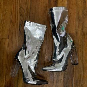 Silver metallic pointed toe heeled boots